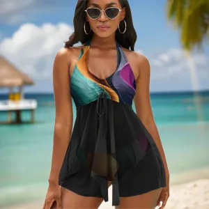 2 Piece Split Skirt Swimsuit -  Vibrant Splash