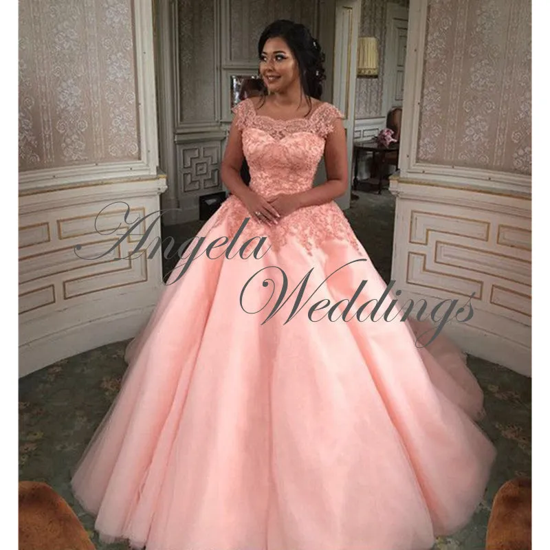 2018 Pink Lace Tulle Ball Gown Wedding Dresses with Cap Sleeve
