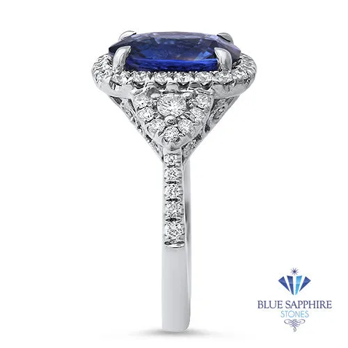 4.19ct Oval Blue Sapphire Ring with Diamond Halo in 18K White Gold