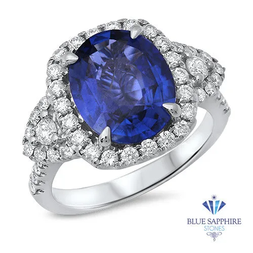 4.19ct Oval Blue Sapphire Ring with Diamond Halo in 18K White Gold