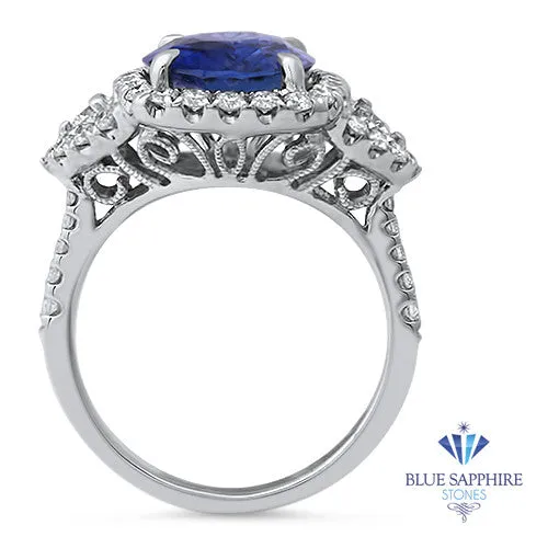 4.19ct Oval Blue Sapphire Ring with Diamond Halo in 18K White Gold