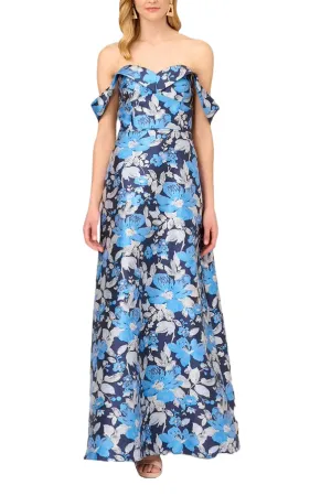 Aidan Mattox Off Shoulder Sweetheart Neck And Draped Off The Shoulder Zipper Closure Floral Jacquard Ball Gown