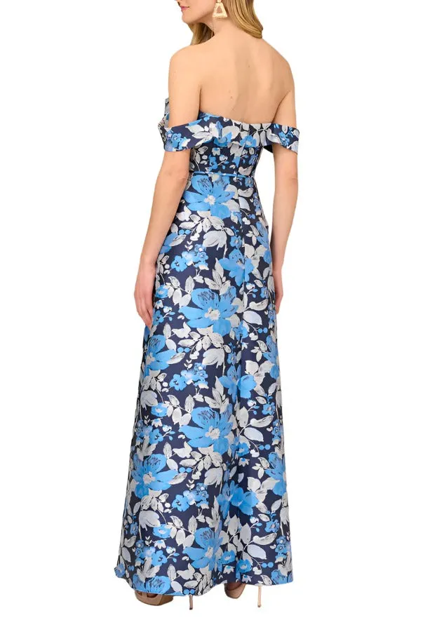 Aidan Mattox Off Shoulder Sweetheart Neck And Draped Off The Shoulder Zipper Closure Floral Jacquard Ball Gown