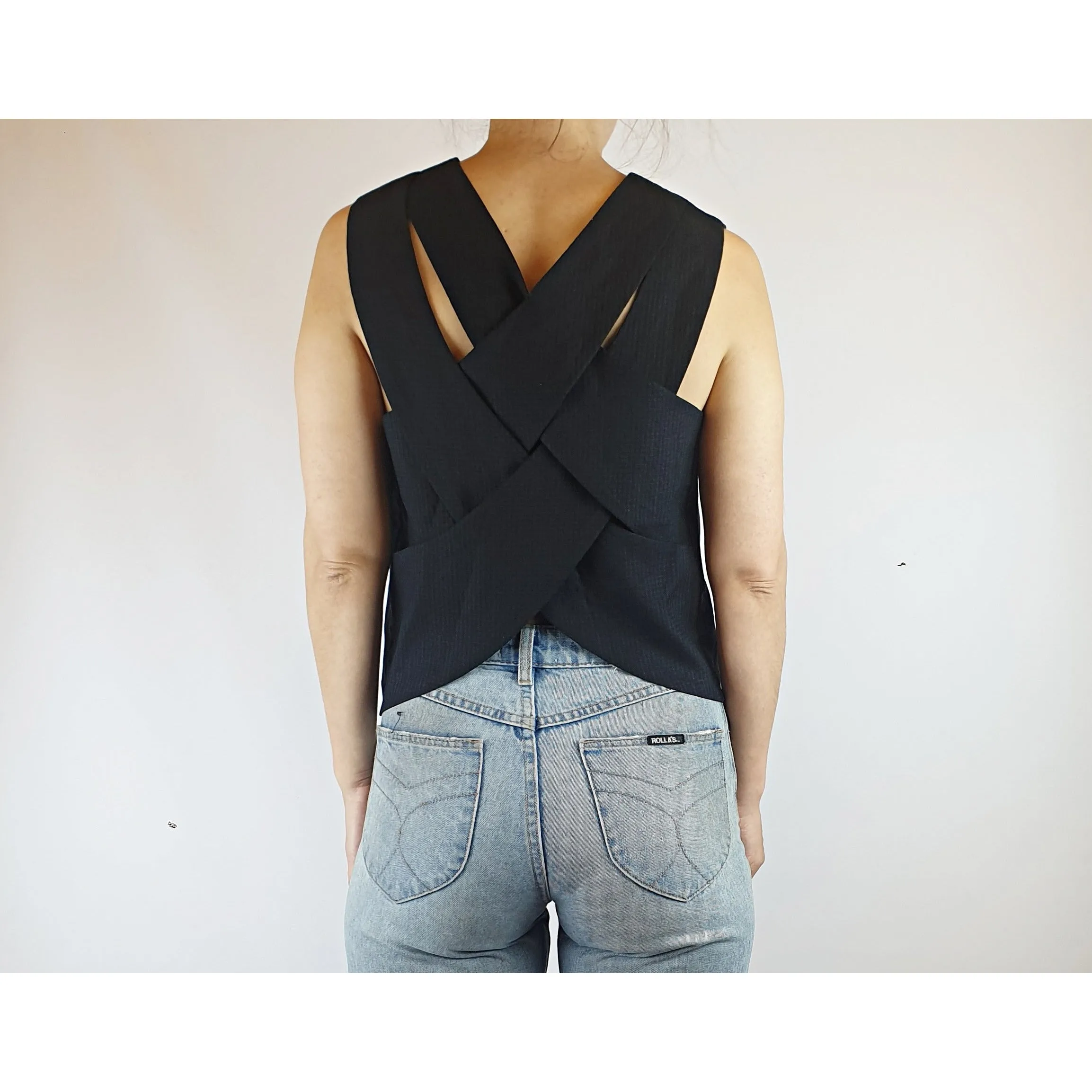 Alpha 60 black check print linen mix top with flattering back detail size XXS (fits sizes 6-8)