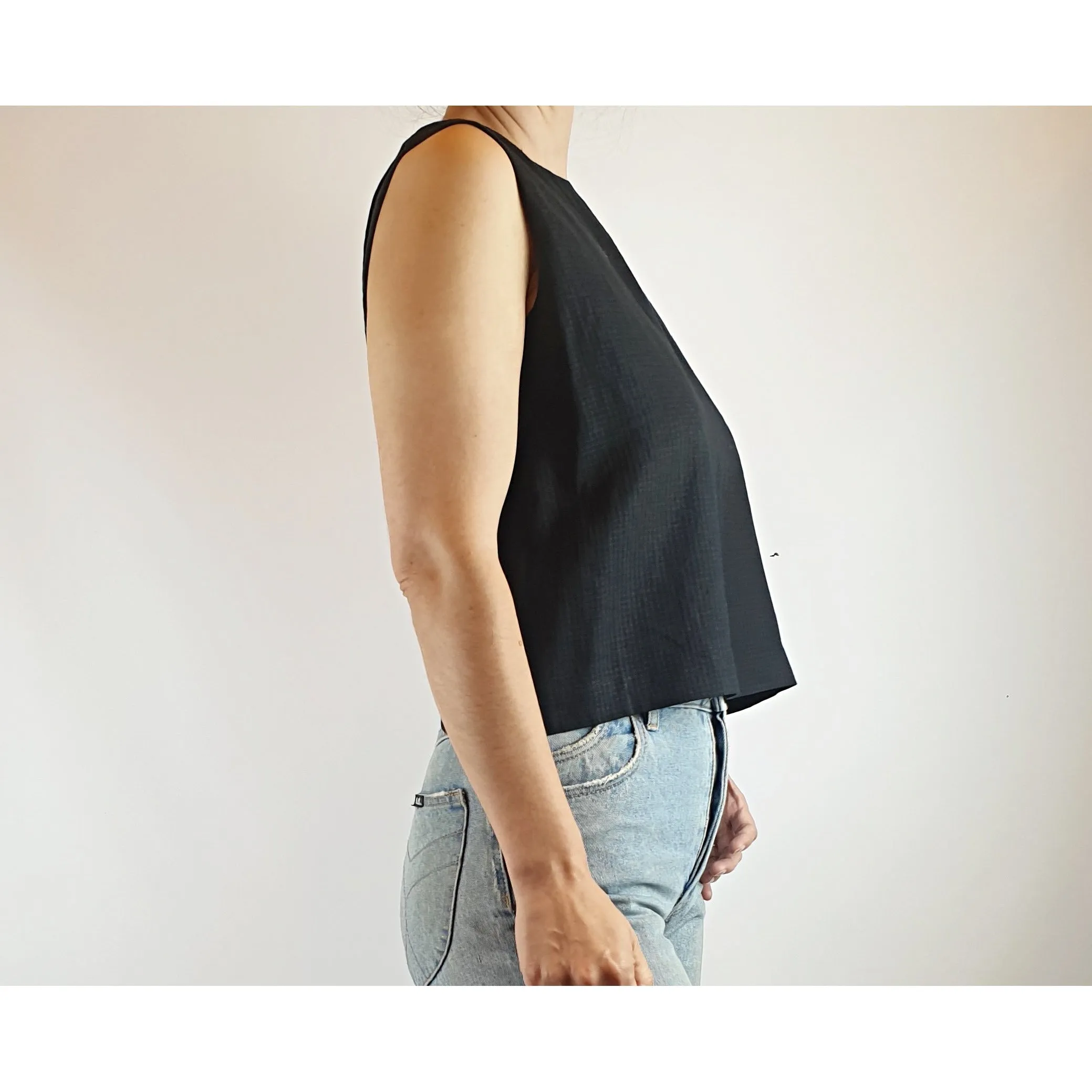 Alpha 60 black check print linen mix top with flattering back detail size XXS (fits sizes 6-8)