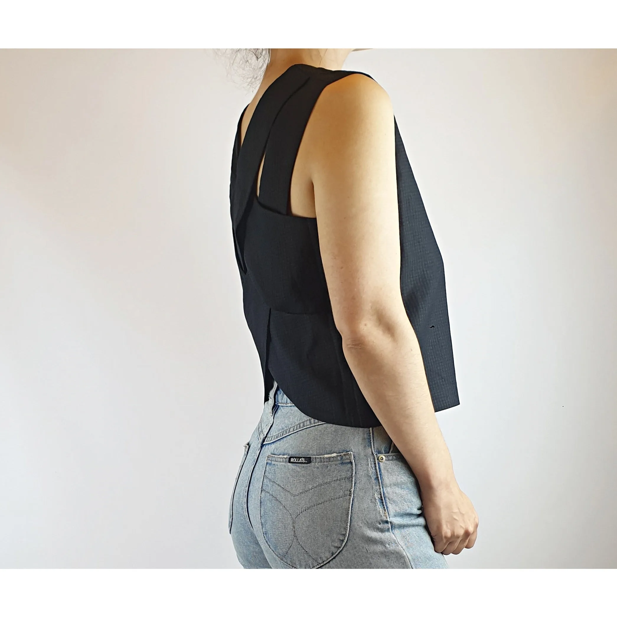 Alpha 60 black check print linen mix top with flattering back detail size XXS (fits sizes 6-8)
