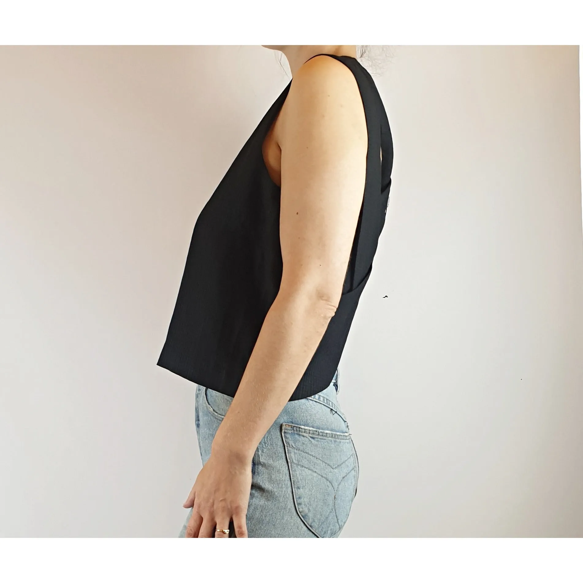 Alpha 60 black check print linen mix top with flattering back detail size XXS (fits sizes 6-8)