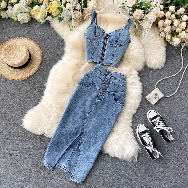 Amolapha Jeans Vest Skirts Sets