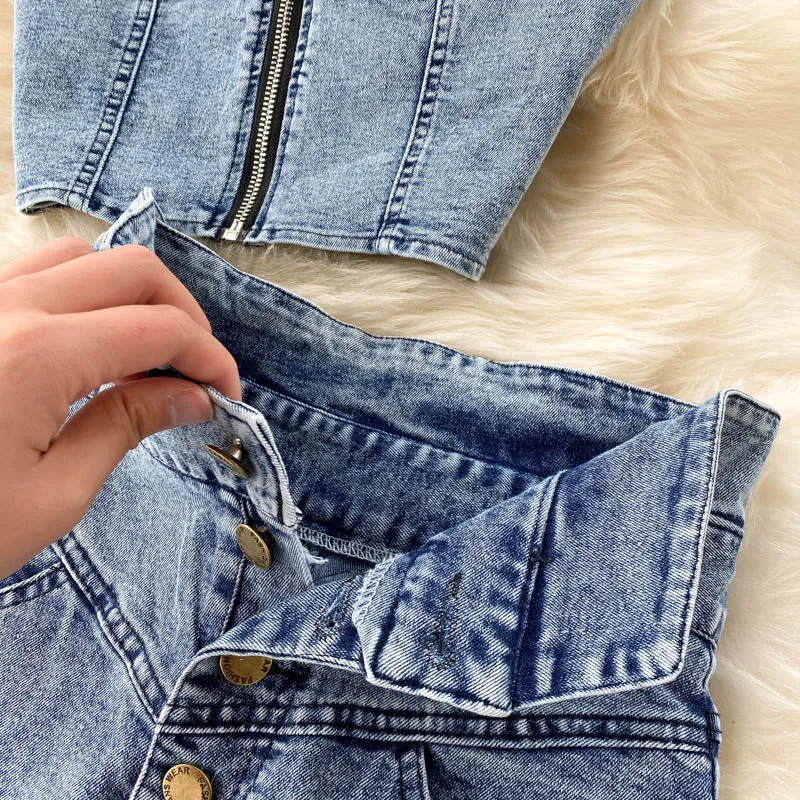 Amolapha Jeans Vest Skirts Sets