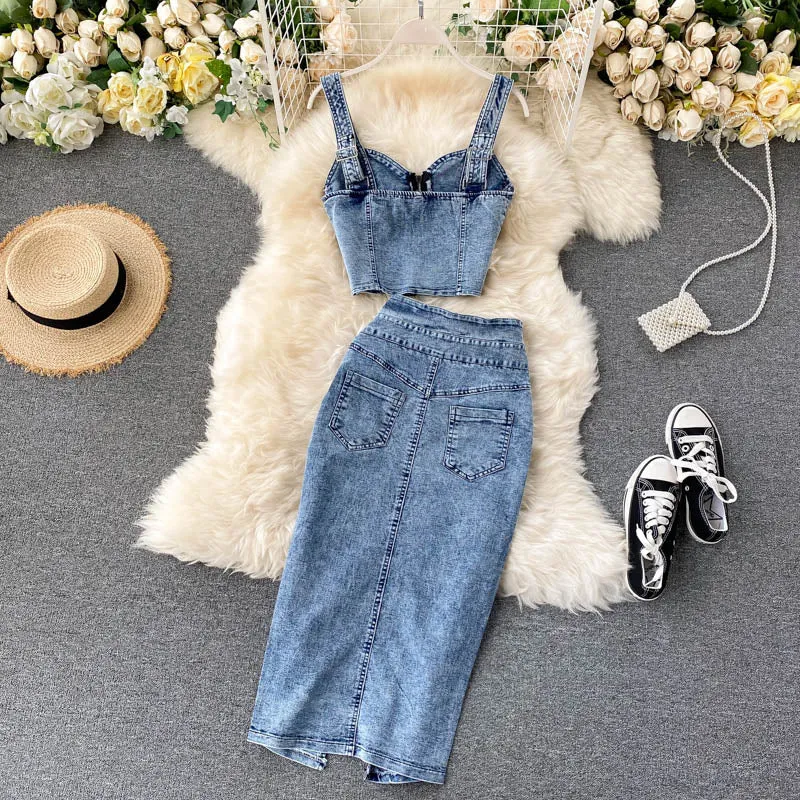 Amolapha Jeans Vest Skirts Sets