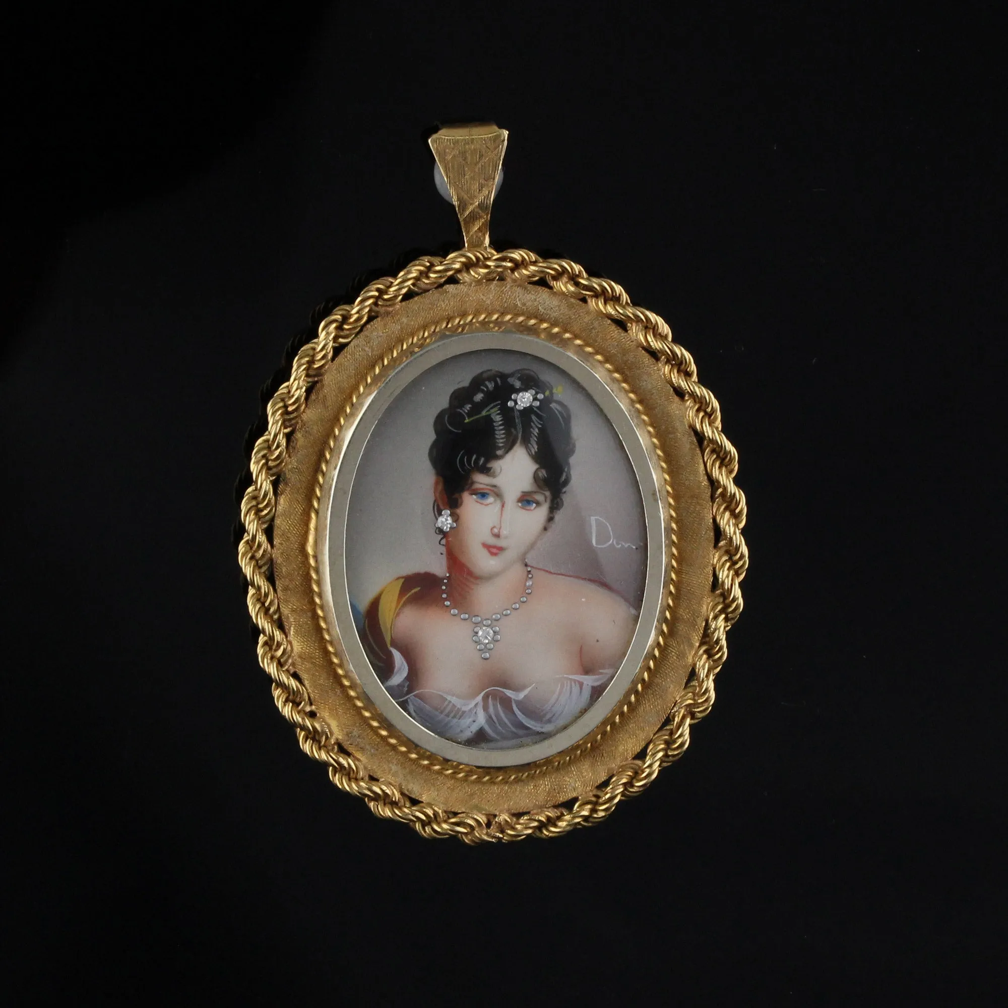 Antique 18K Yellow Gold Hand Painted Woman Pendant/Brooch