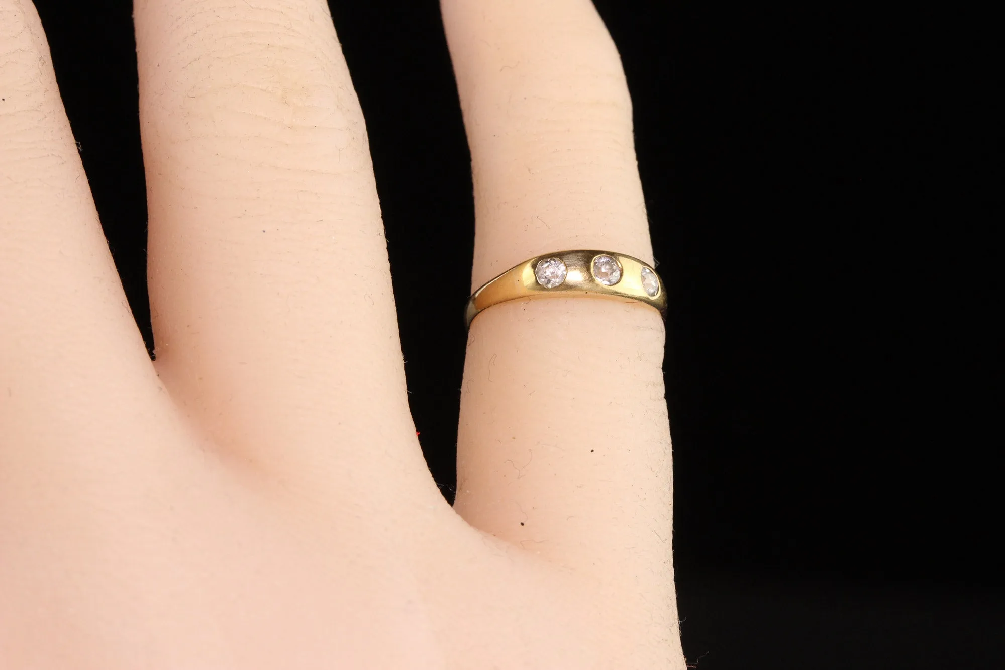 Antique Art Deco 14K Yellow Gold Old Euro Cut Diamond Three Stone Gypsy Ring