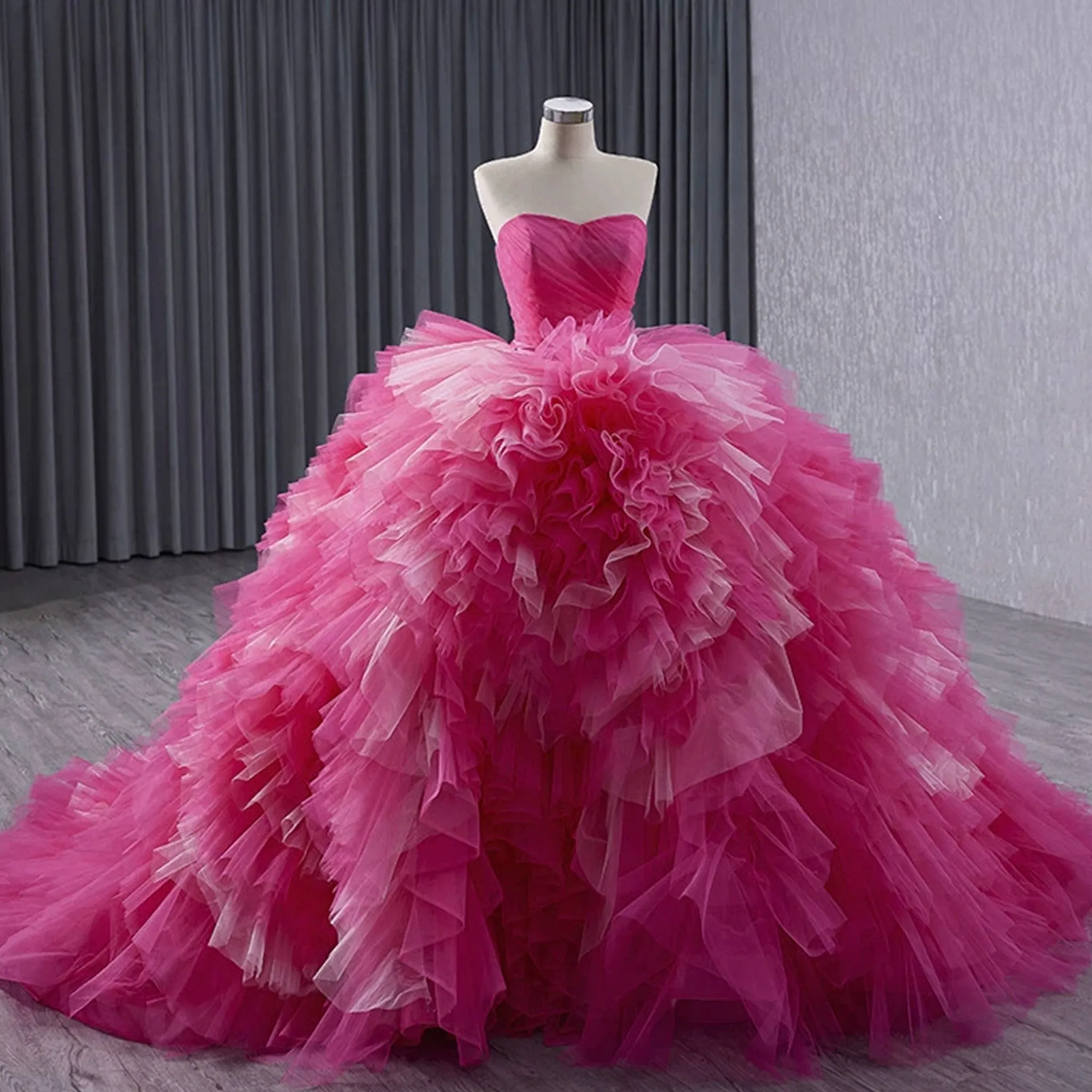 Basque Waist Ruffled Wedding Gown Detachable Overskirt Quinceanera Dress