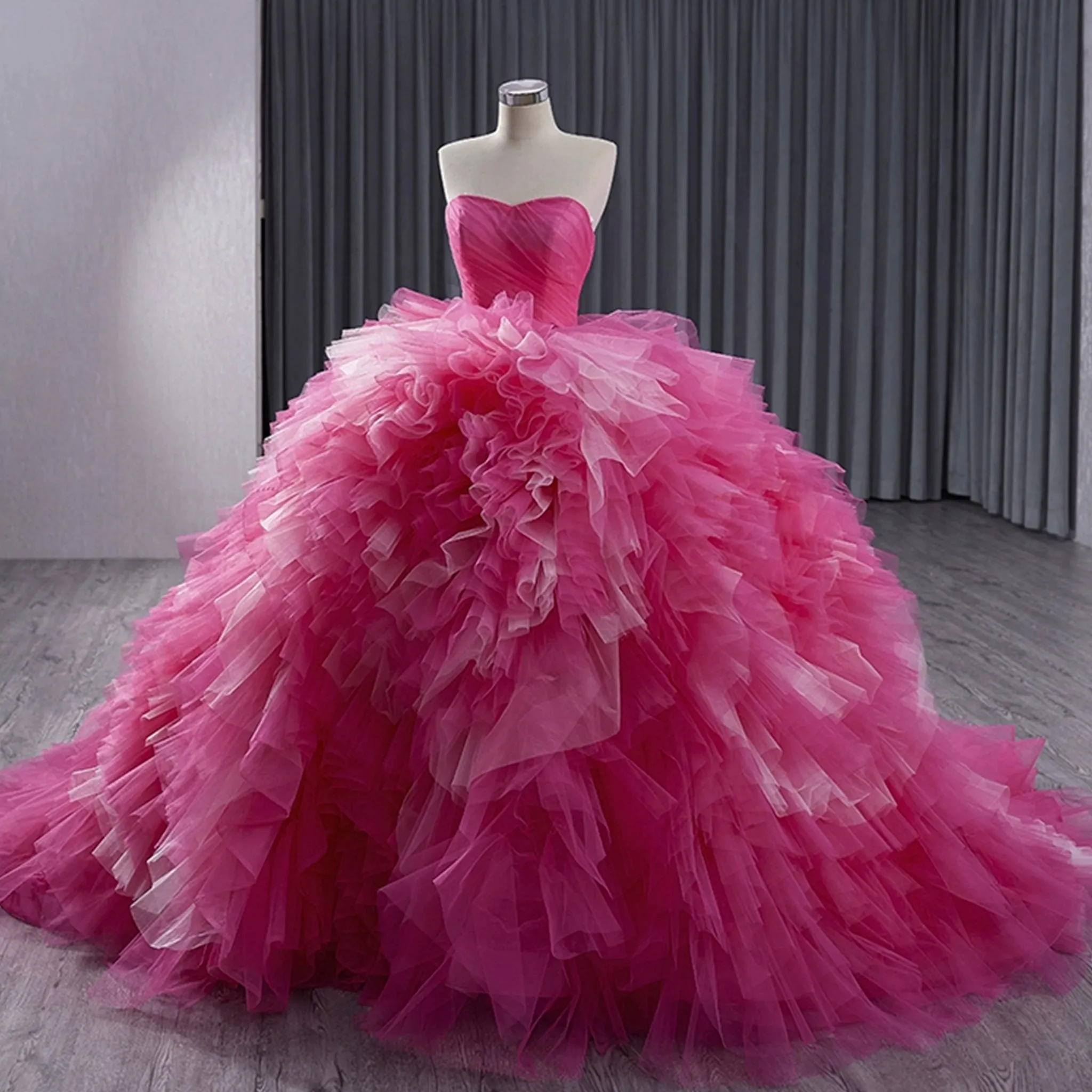 Basque Waist Ruffled Wedding Gown Detachable Overskirt Quinceanera Dress