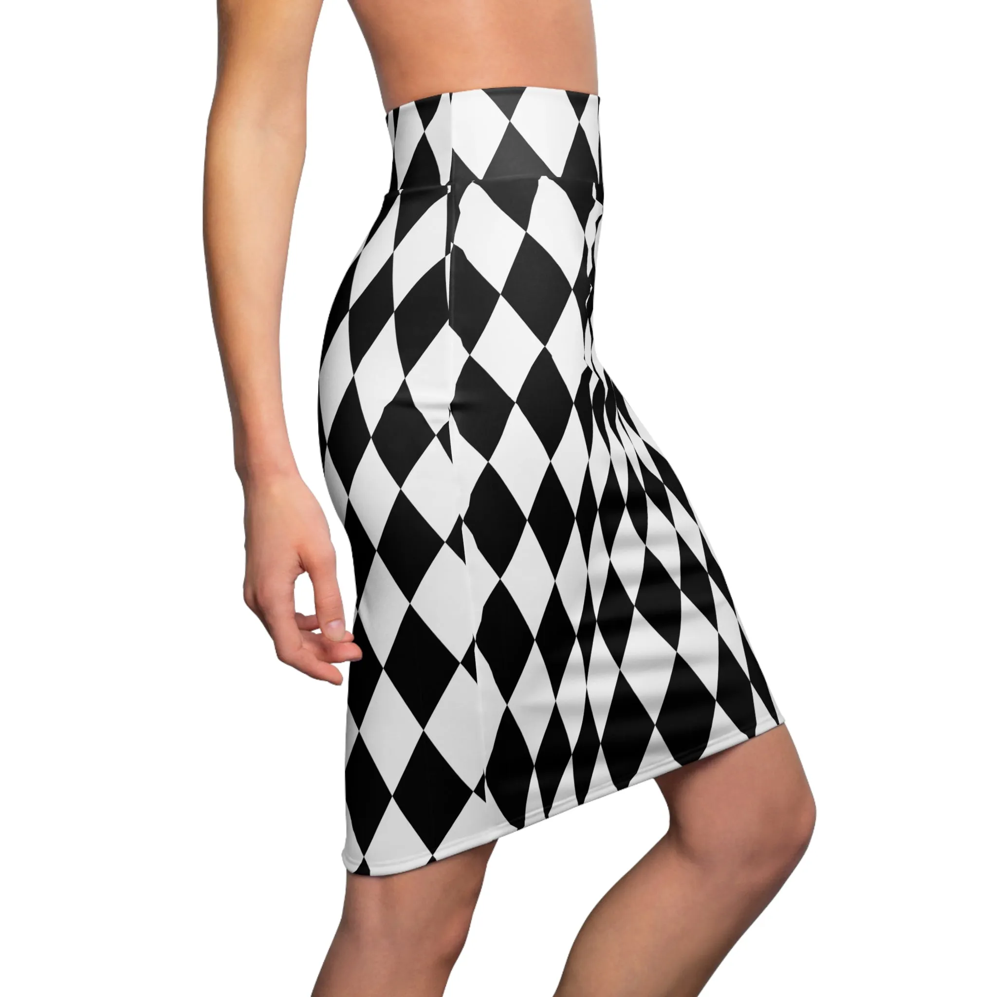 Black White Harlequin Diamonds Women's Pencil Skirt, Knee Length Stretch Skirt, Joker Circus Costume
