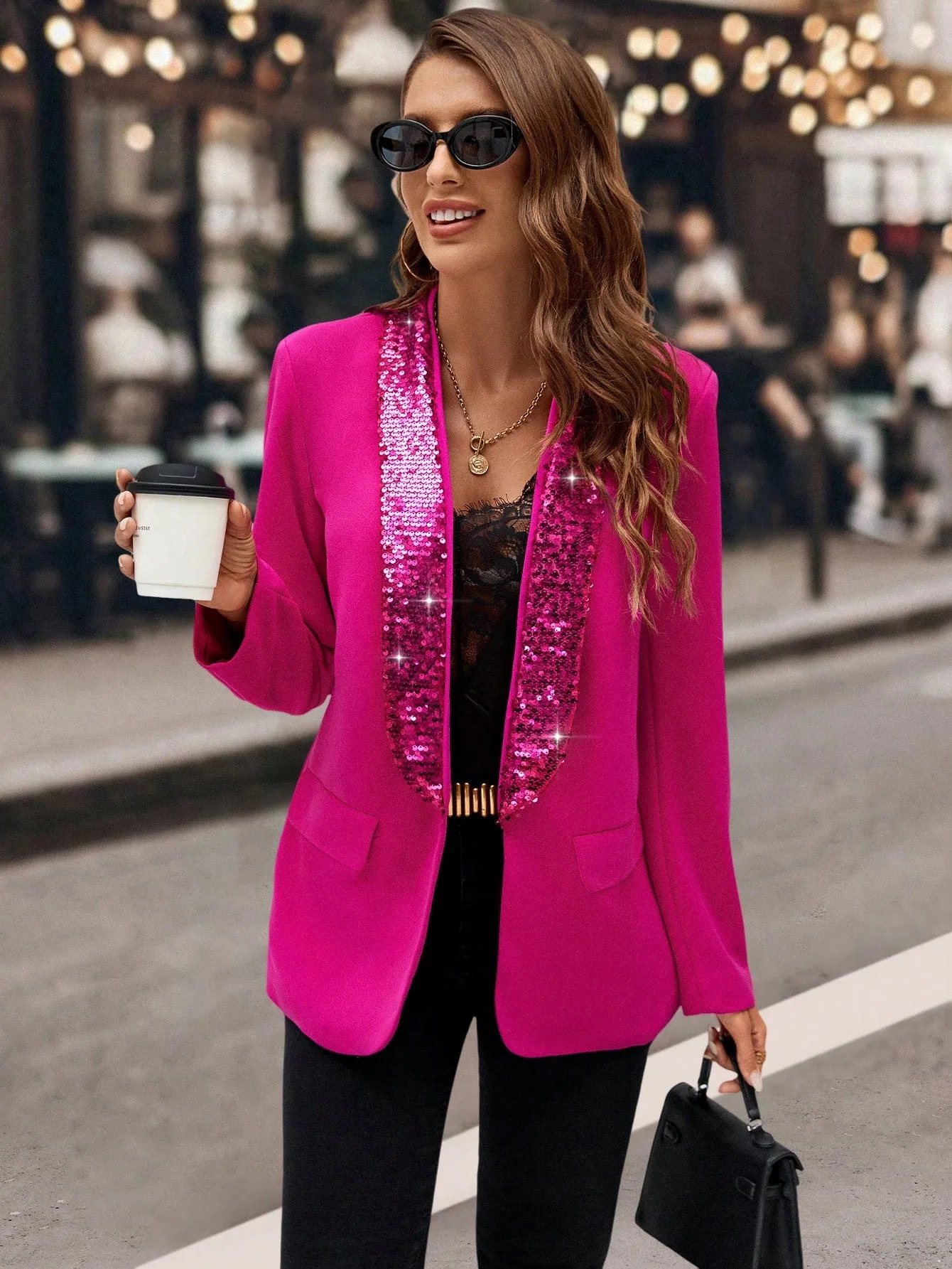 Blazer Entallado Rosa con Lentejuelas