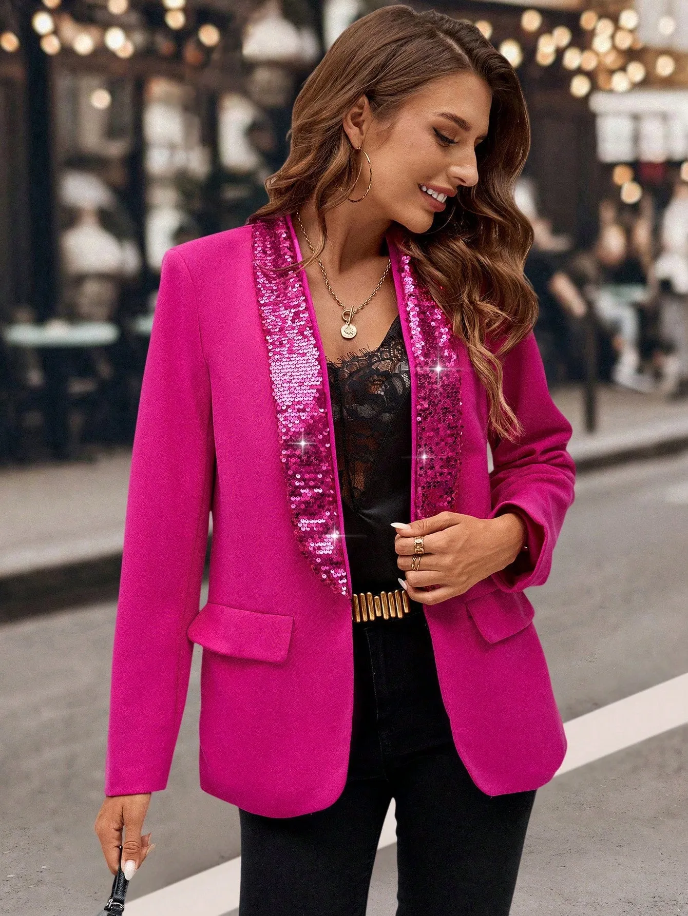 Blazer Entallado Rosa con Lentejuelas