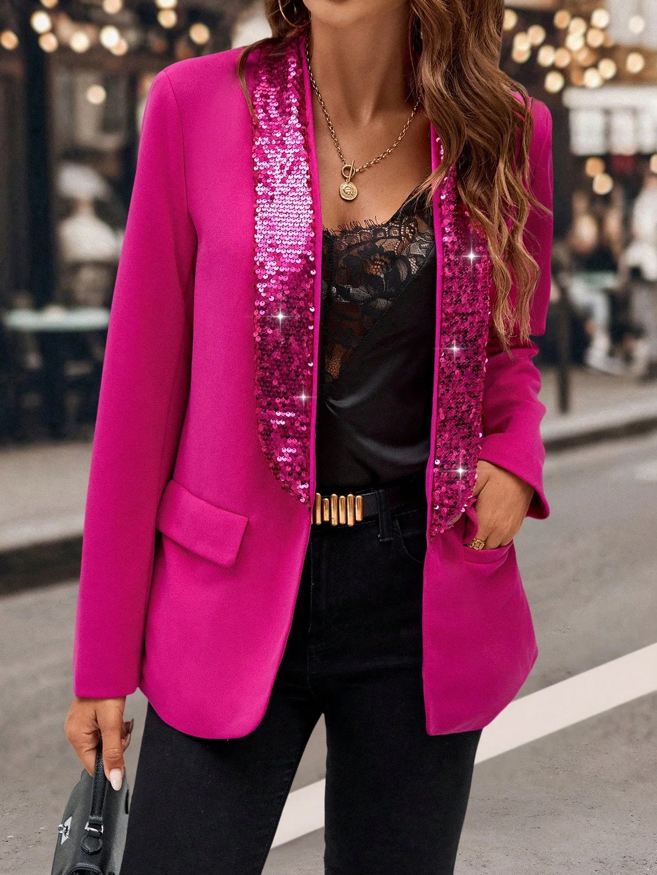 Blazer Entallado Rosa con Lentejuelas