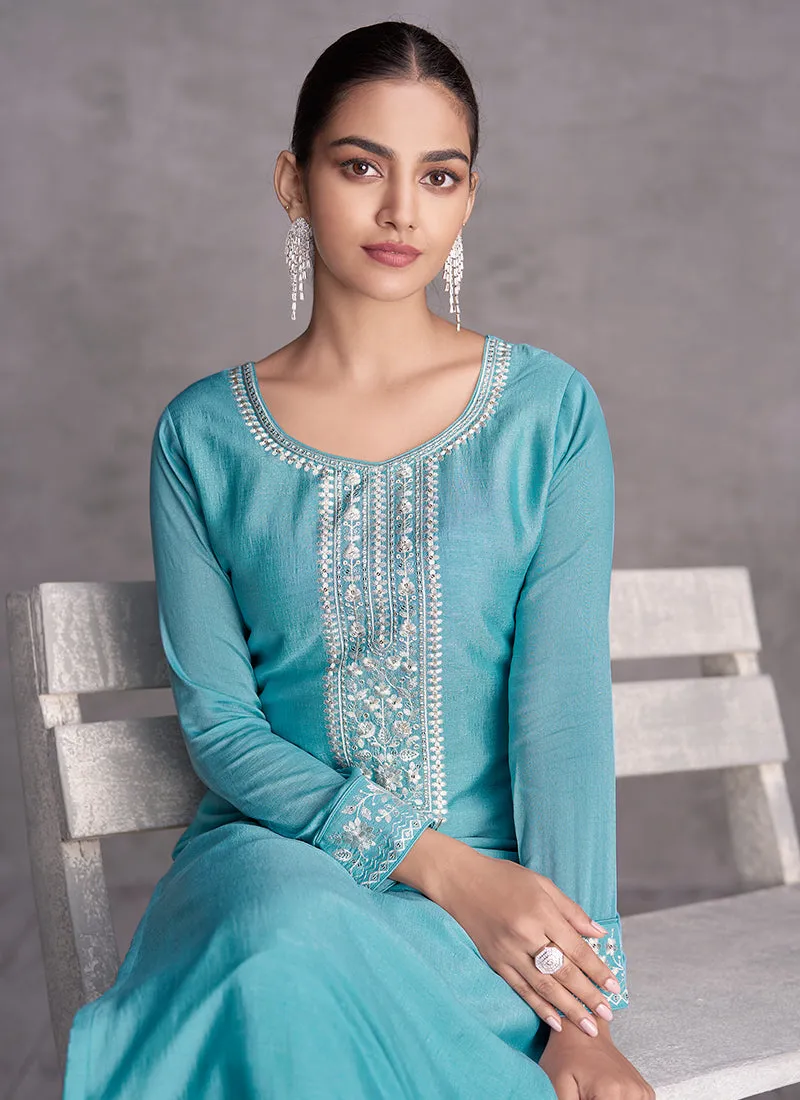 Blue Sequence Embroidery Wedding Palazzo Suit