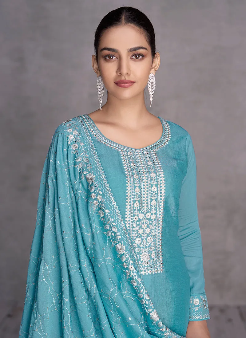 Blue Sequence Embroidery Wedding Palazzo Suit