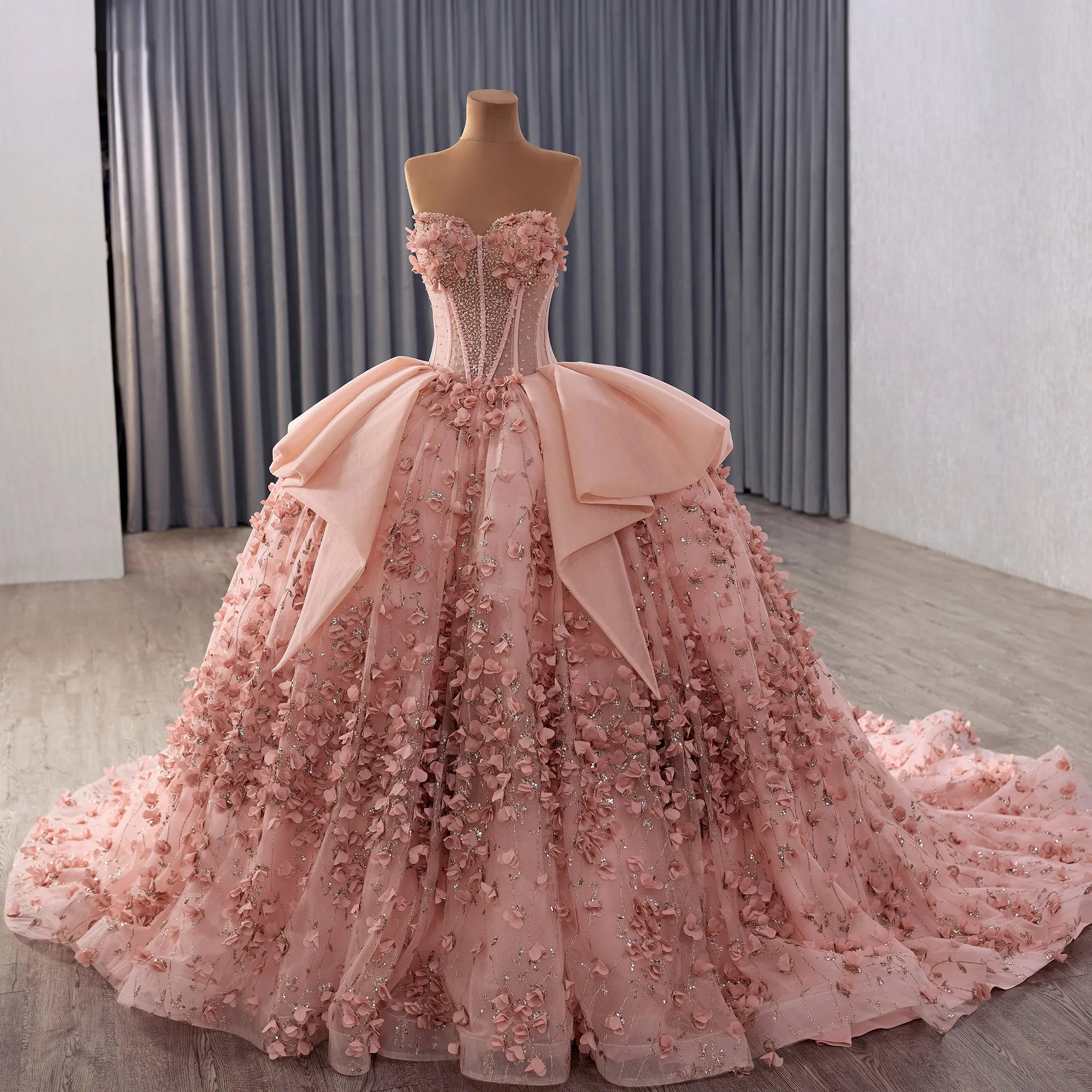 Blush Puffy 3D Flowers Quinceanera Dress with Detachable Bowknot