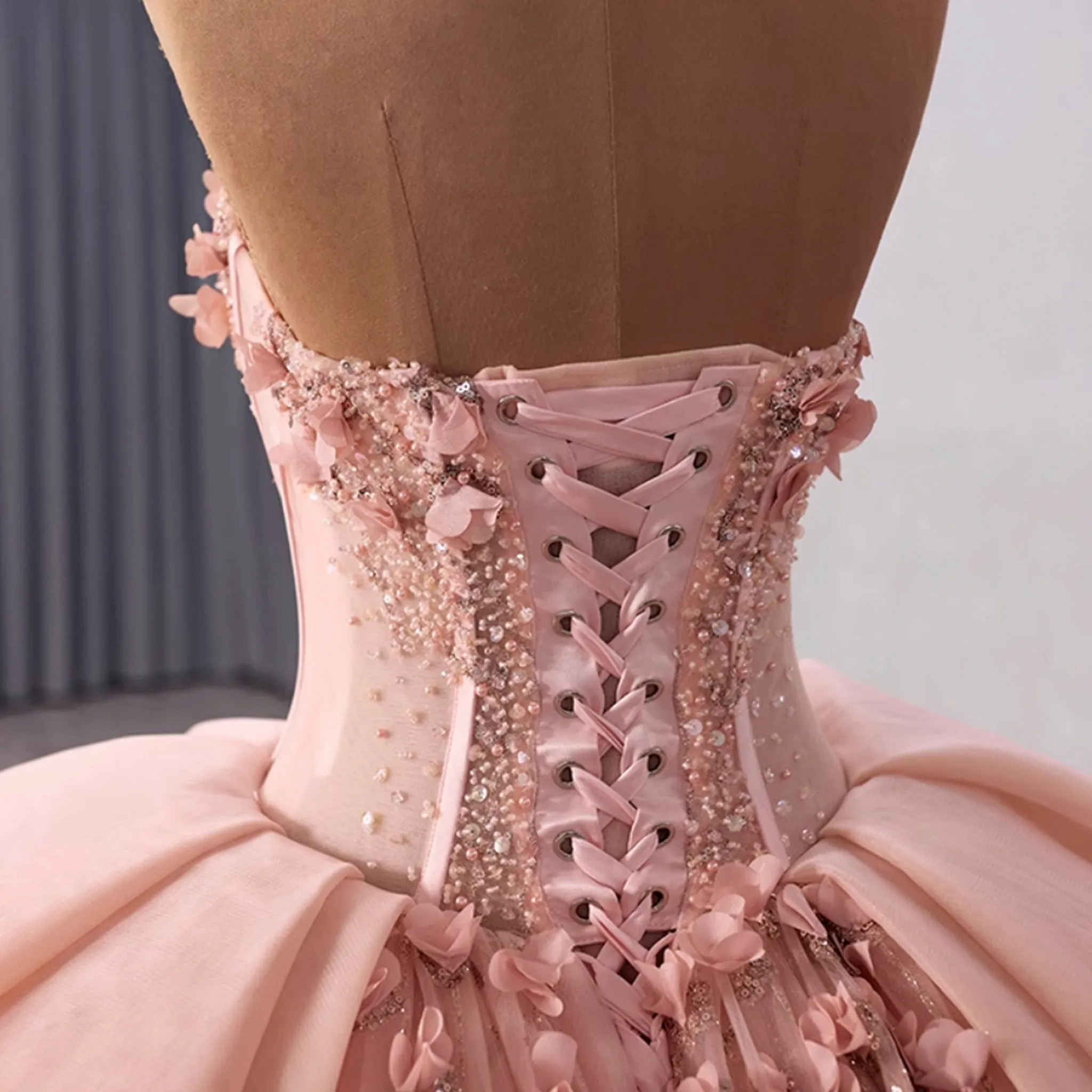Blush Puffy 3D Flowers Quinceanera Dress with Detachable Bowknot