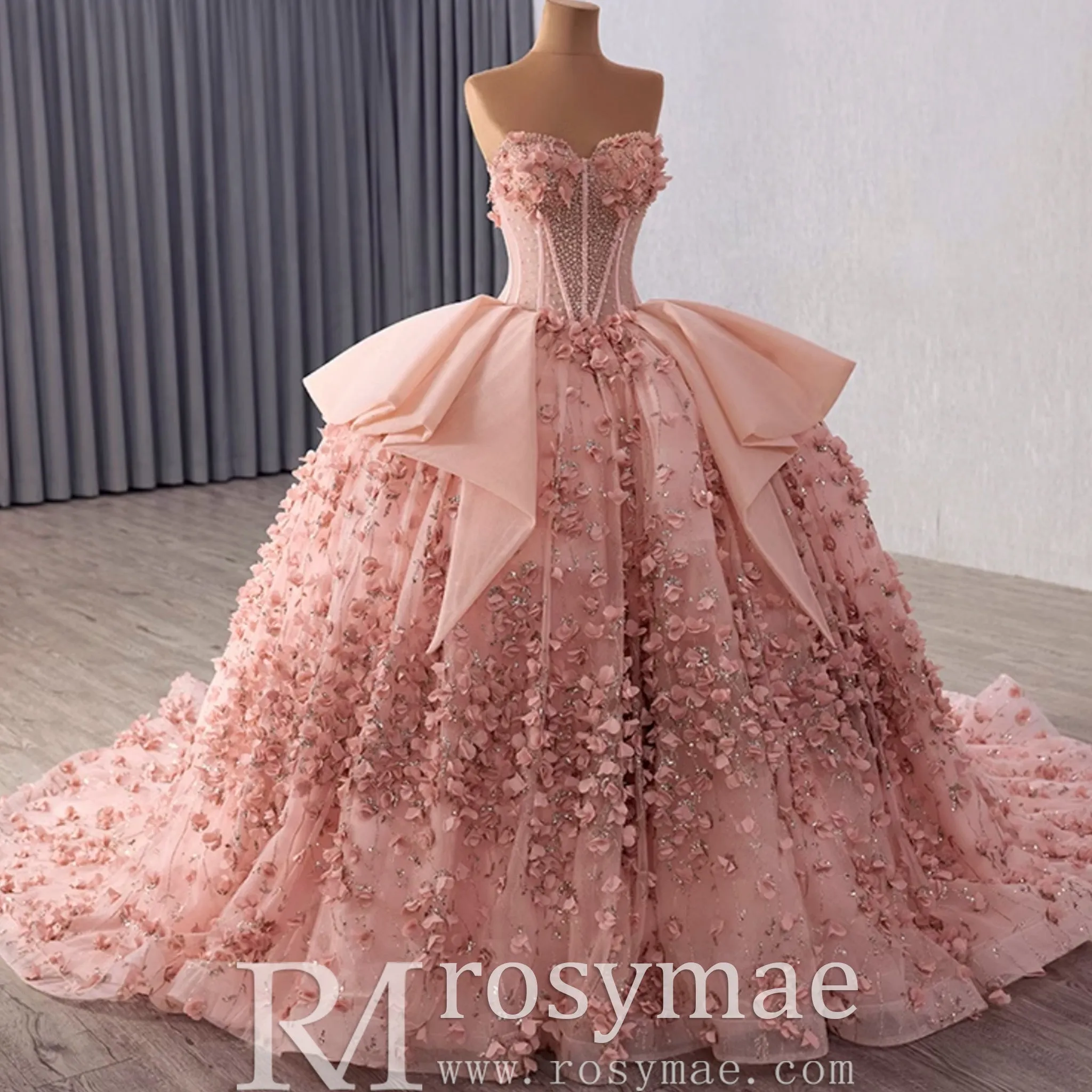 Blush Puffy 3D Flowers Quinceanera Dress with Detachable Bowknot