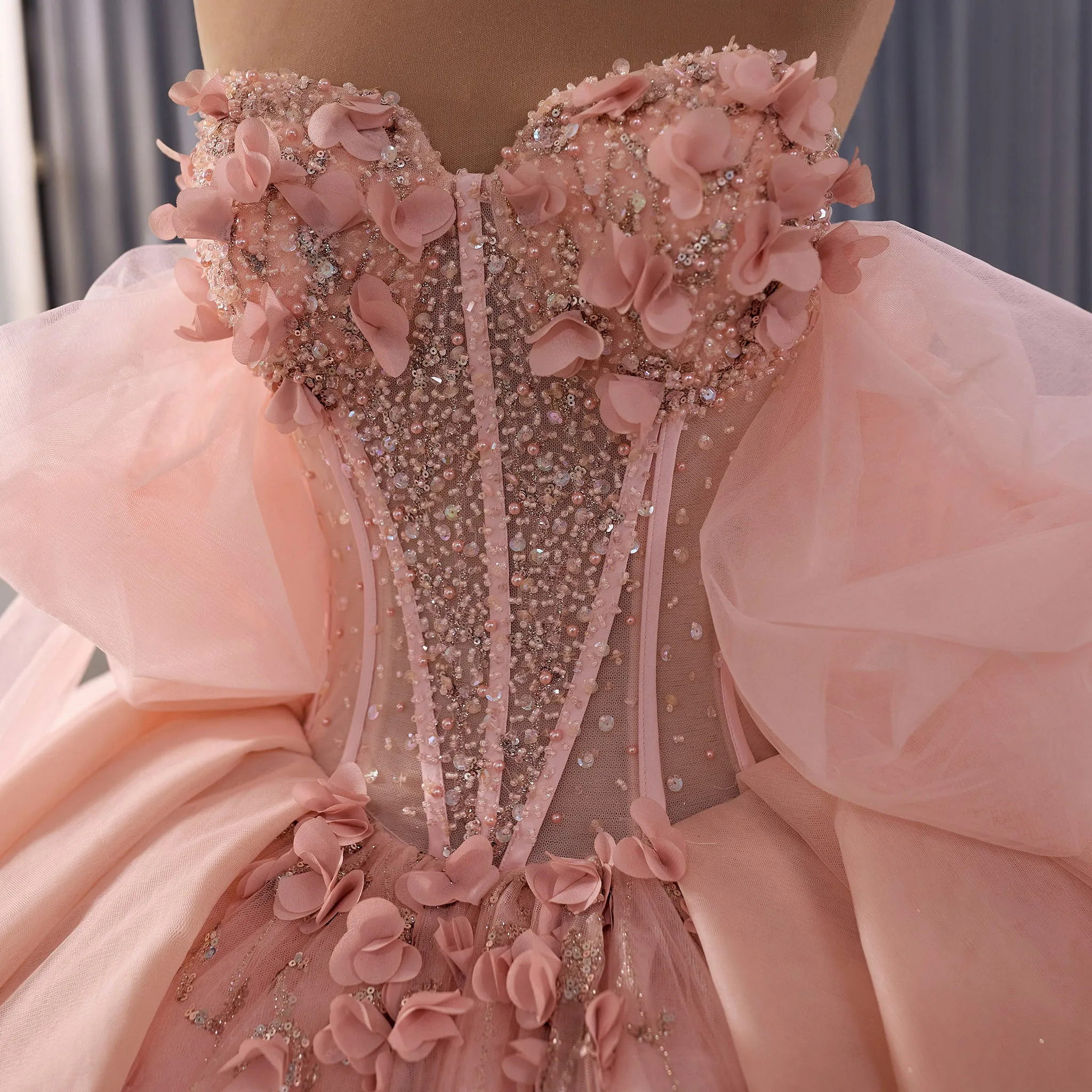 Blush Puffy 3D Flowers Quinceanera Dress with Detachable Bowknot