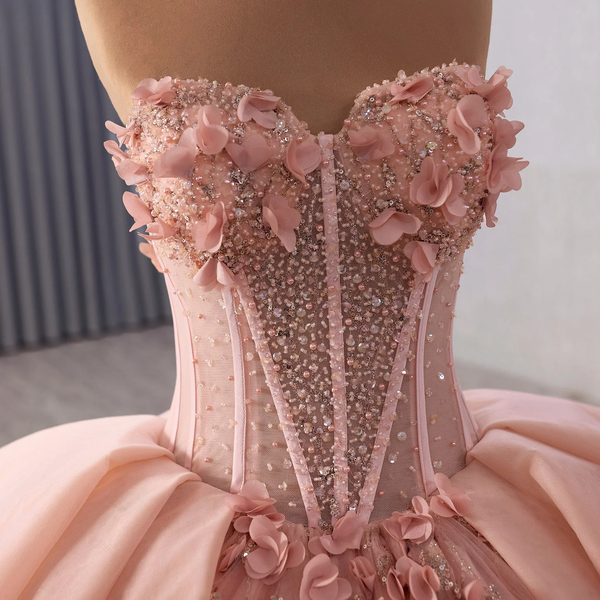 Blush Puffy 3D Flowers Quinceanera Dress with Detachable Bowknot