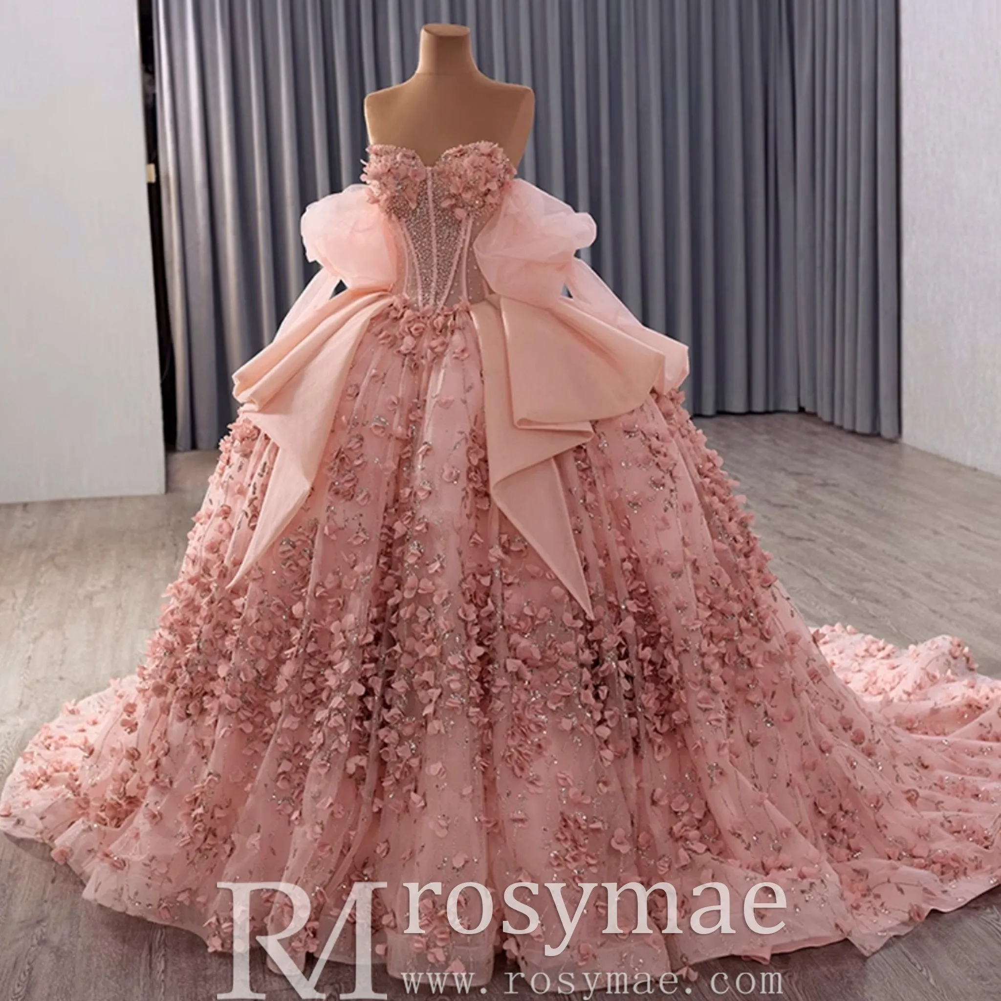 Blush Puffy 3D Flowers Quinceanera Dress with Detachable Bowknot