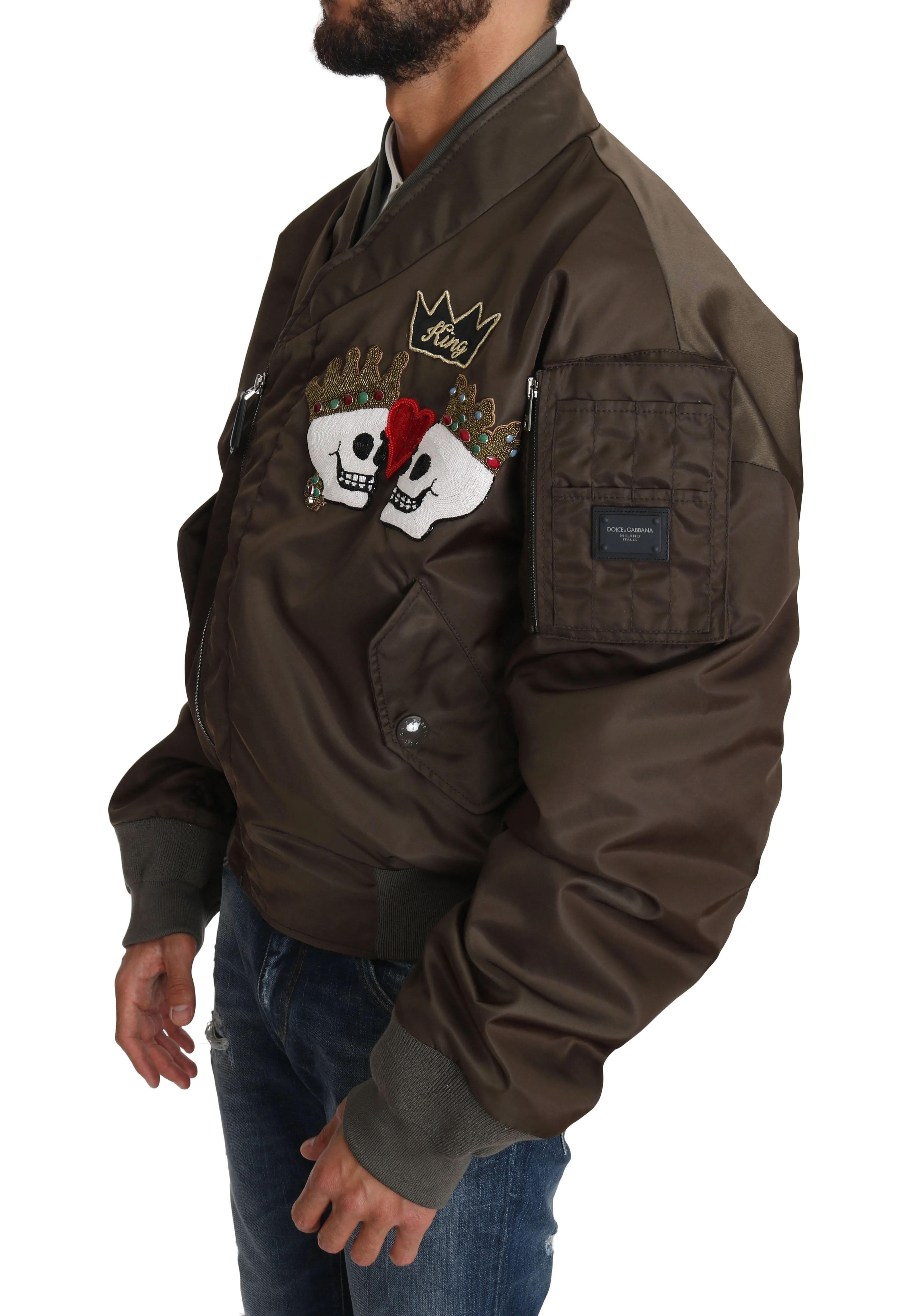 Brown Beaded Crown Skull Applique Logo Jacket