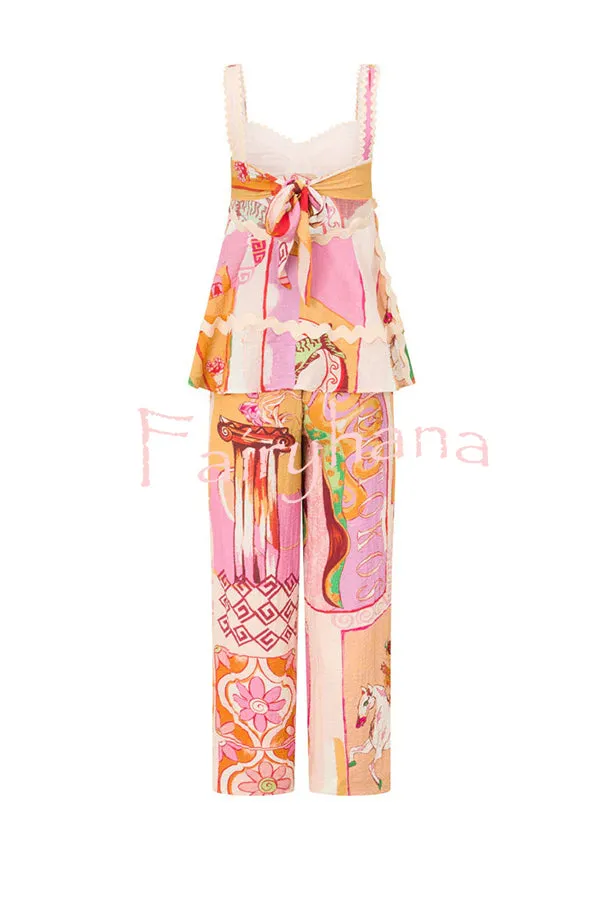 Carina Linen Blend Ric Rac Trims Unique Print Tank and Elastic Waist Loose Pants Set