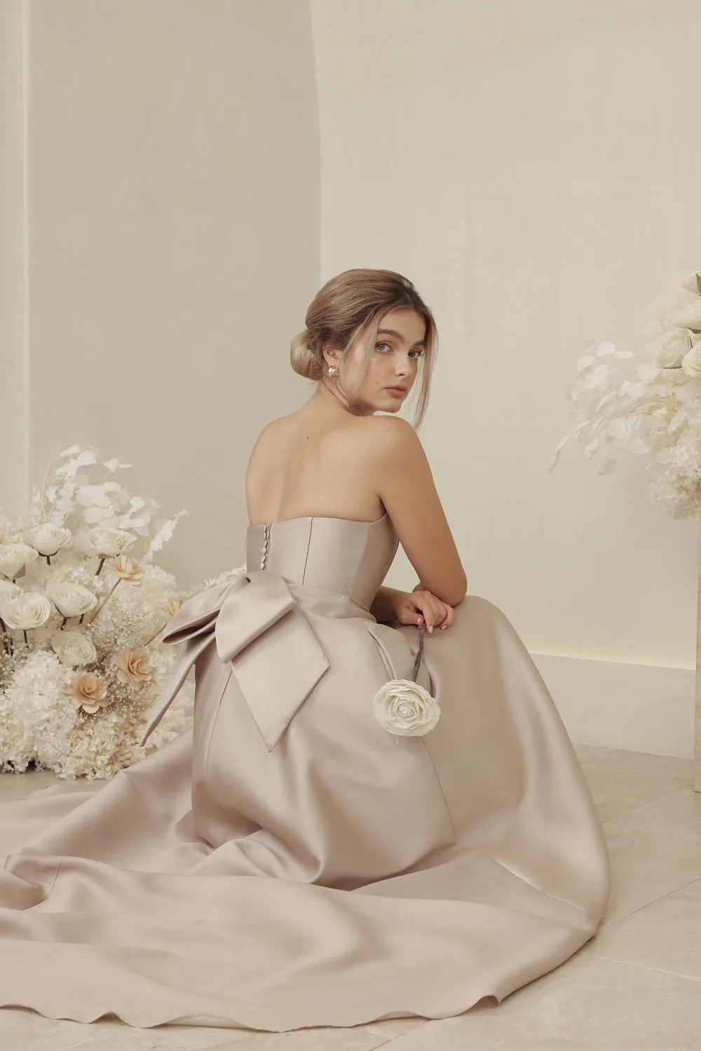 CAROLINE Strapless Curved Neckline Full Length Gown with Bow, Pockets and Covered Buttons (Tan Gazaar)