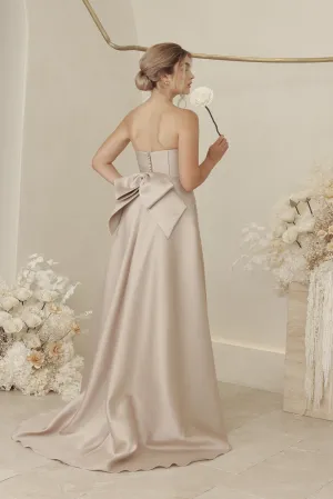 CAROLINE Strapless Curved Neckline Full Length Gown with Bow, Pockets and Covered Buttons (Tan Gazaar)