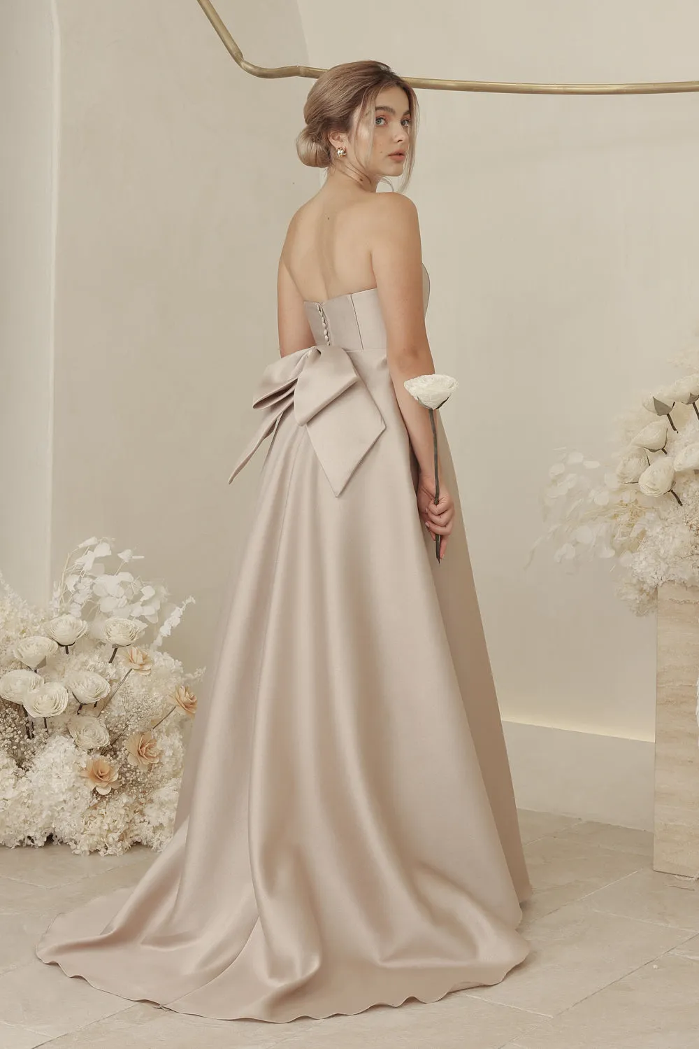 CAROLINE Strapless Curved Neckline Full Length Gown with Bow, Pockets and Covered Buttons (Tan Gazaar)