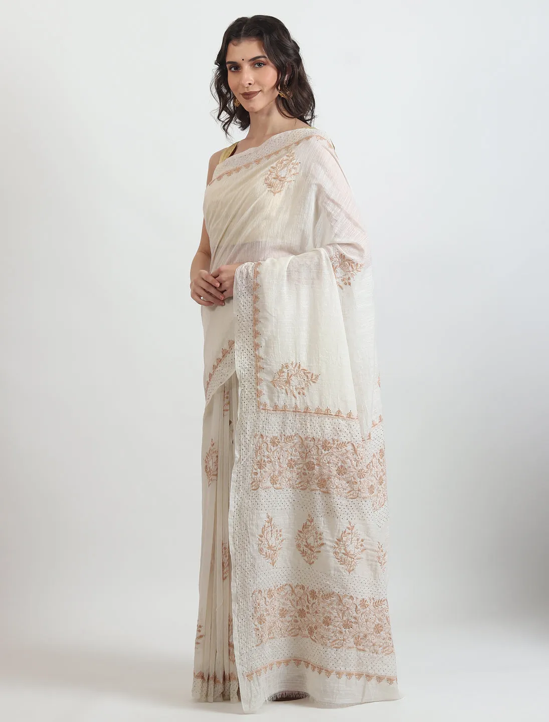 Chanderi Linen White Saree