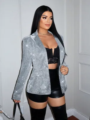Chaqueta brillante de solapa y manga larga para mujer