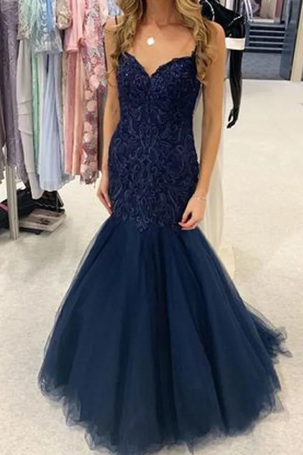 Charming Mermaid Sweetheart Navy Blue Long Prom Dresses with Lace,Evening Dresses,MP598