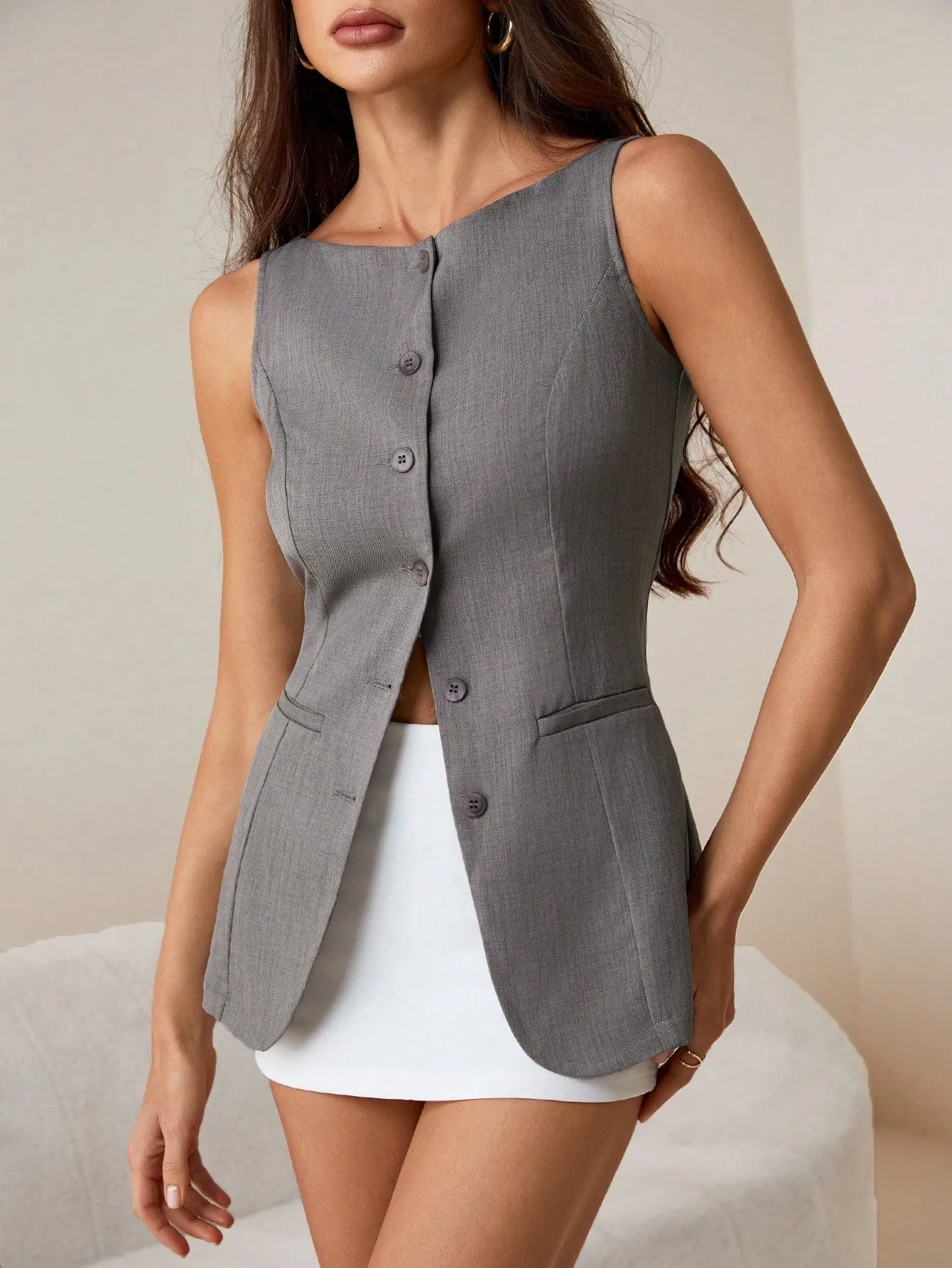Cherry Vibes Chaleco Sastre Caqui para Mujer en