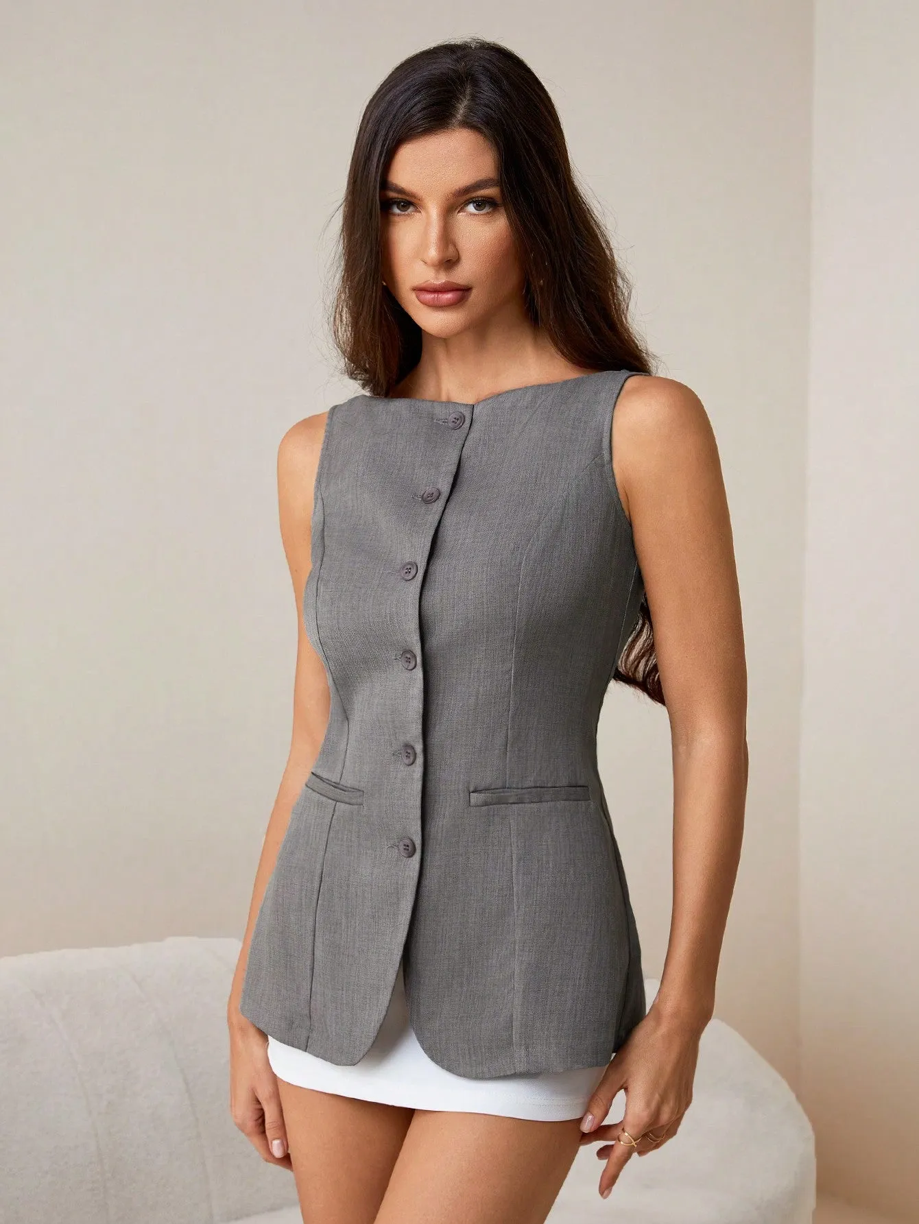 Cherry Vibes Chaleco Sastre Caqui para Mujer en