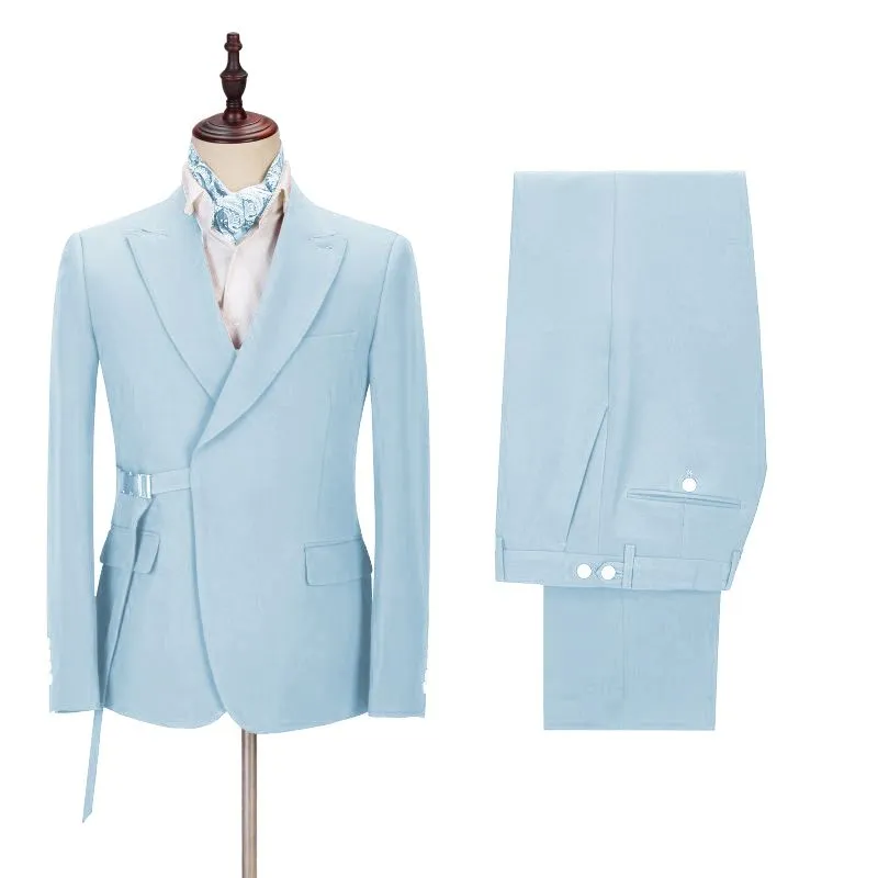 Chic Bespoke Sky Blue Peaked Lapel Men Suits with Adjustable Buckle