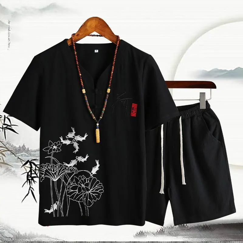 Chinese Style Cotton Linen Sets Men's Solid Color V-neck Short-sleeved T-shirt Shorts