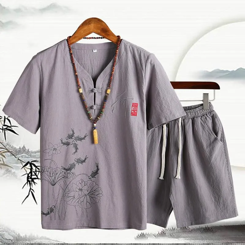 Chinese Style Cotton Linen Sets Men's Solid Color V-neck Short-sleeved T-shirt Shorts