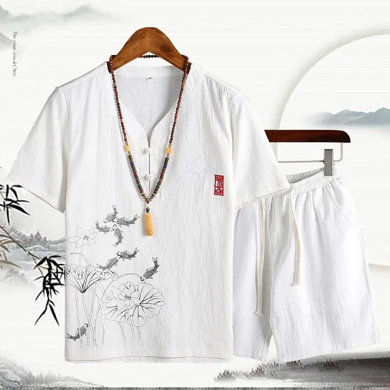 Chinese Style Cotton Linen Sets Men's Solid Color V-neck Short-sleeved T-shirt Shorts