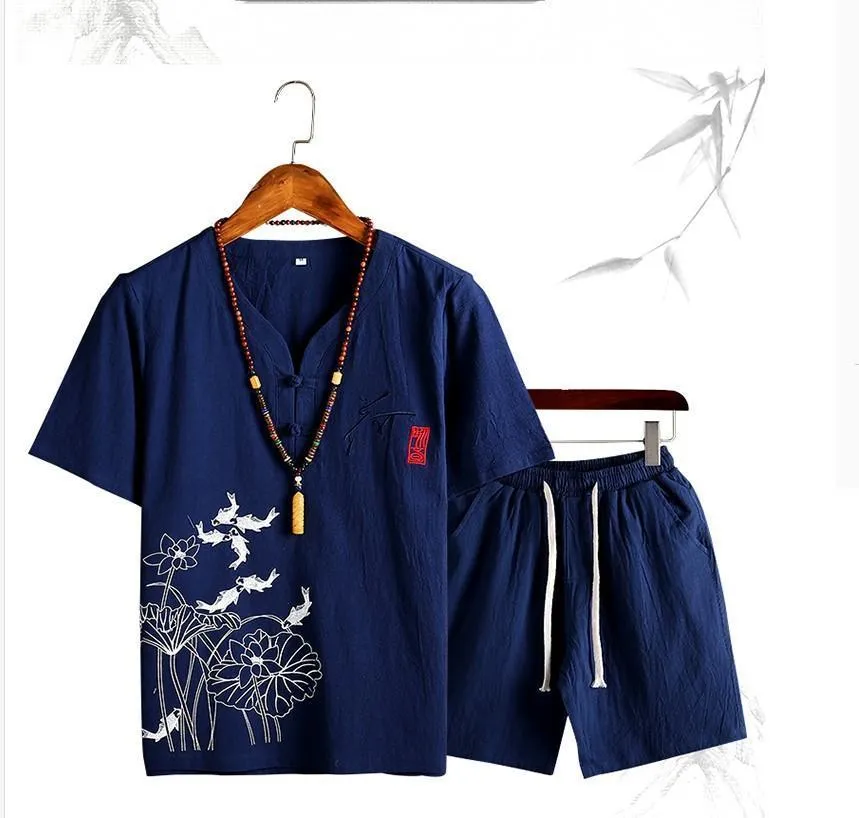 Chinese Style Cotton Linen Sets Men's Solid Color V-neck Short-sleeved T-shirt Shorts