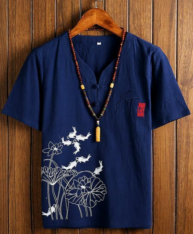Chinese Style Cotton Linen Sets Men's Solid Color V-neck Short-sleeved T-shirt Shorts