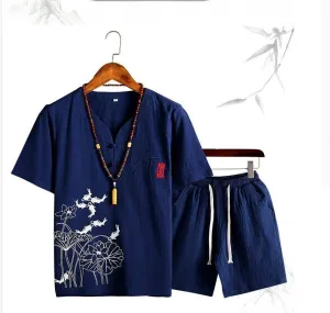 Chinese Style Cotton Linen Sets Men's Solid Color V-neck Short-sleeved T-shirt Shorts