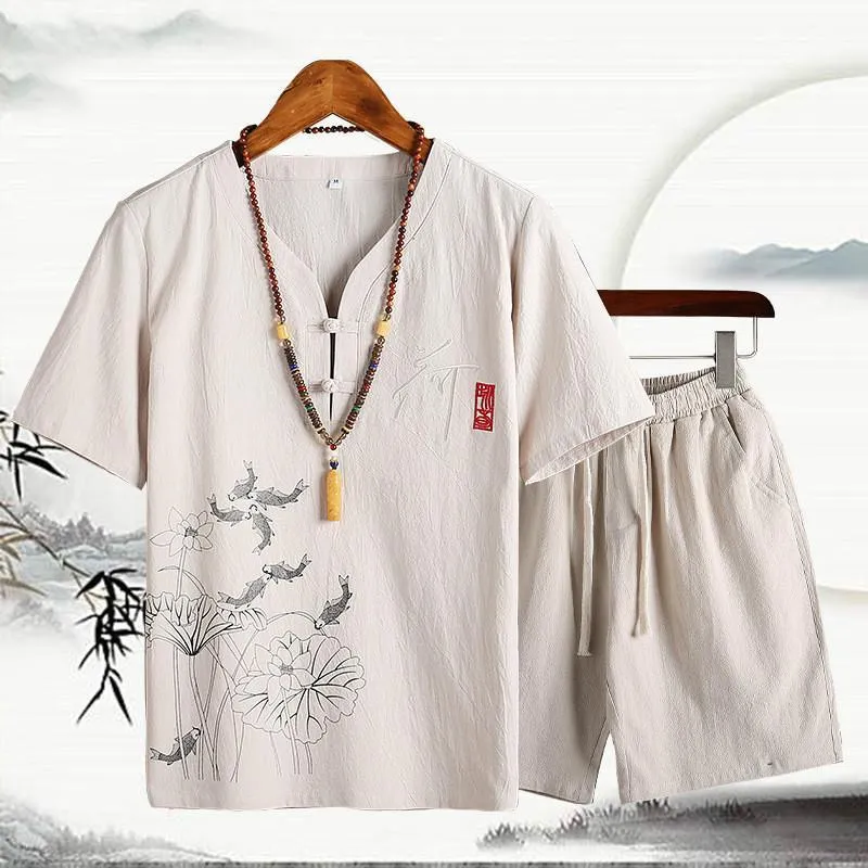 Chinese Style Cotton Linen Sets Men's Solid Color V-neck Short-sleeved T-shirt Shorts
