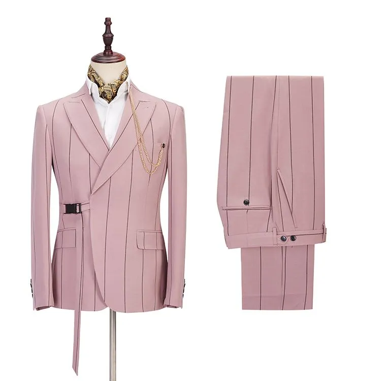 Classy Pink Striped Peaked Lapel Fitted Men Suits Online