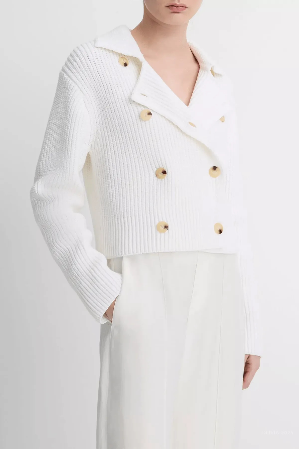 Cotton-Blend Double-Breasted Sweater Jacket in Off-White